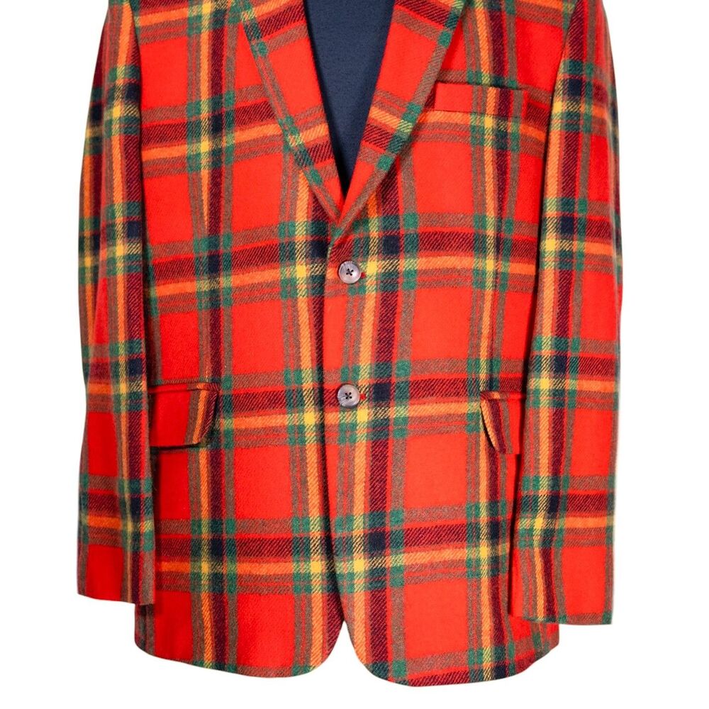 Mens Lambswool Blazer 44R Orange Green Tartan Plaid Sport Coat Jacket Preppy - Picture 7 of 10